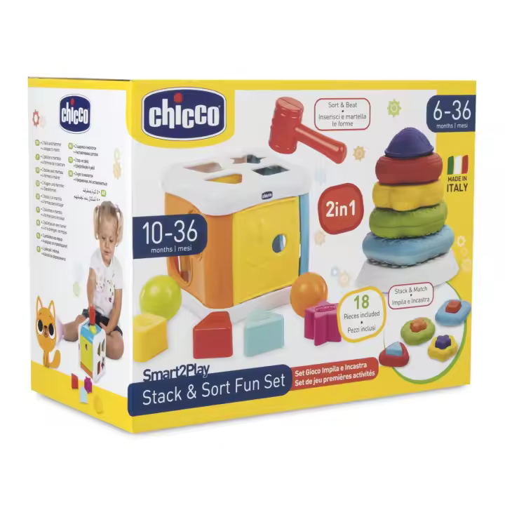 Chicco - Set Multicubo Encajable y Pirámide de Anillos 2 en 1 - Juguete Educativo para Bebés de 10 meses en adelante - 1
