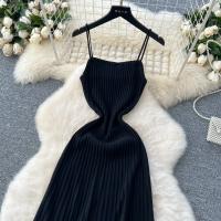 Vestido Largo Tejido De Encaje Con Cintura Alta Midi Sin Mangas Elegante Vestido Amarillo Para Mujer Vestido Fino De Color Negro Vestido De Calle - details 0
