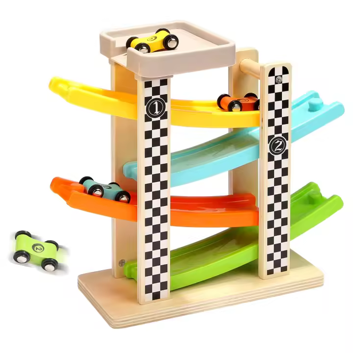 Pequeños de 1 A 2 años, Regalos para niños y niños, pista de Carreras de Madera, Rampa de Carreras with 4 miniautos - 1