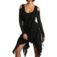 Vestido De Fiesta Gótico Para Mujer Con Hombros Descubiertos Y Volante Largo Manga Completa Estampado Sólido Cuello En V Estilo Asimétrico S-2XL - details 5