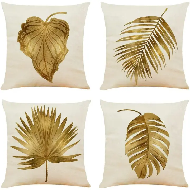 Fundas de almohada decorativas, paquete de 4, 18 x 18 pulgadas, fundas de cojín de hojas doradas y marrones tropicales, fundas de almohada cuadradas de lino - 1
