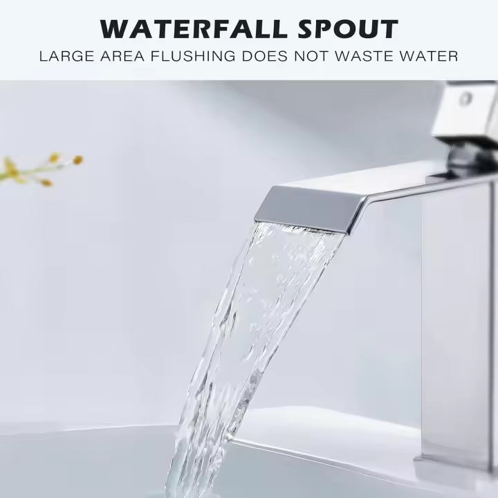Grifo mezcla de Cascada para a lavabo de baño, Con desagüe, Emergent, Modern, monomando, Cuadrado, cromado, with Desagüe - 1