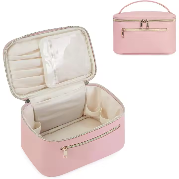 Bolsa de maquillaje de viaje con compartimento para brochas, bolsa de maquillaje grande y portátil con asa, estuche organizador de maquillaje de piel sintética resistente al agua. - 1