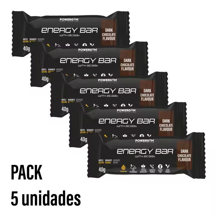 POWERGYM  PACK DE 5 - ENERGY BAR 40 g   -Barrita energética con aminoácidos ramificados (BCAA’s) A base de frutos deshidratados: pasta de higo y/o dátil. Aminoácidos ramificados 2:1:1 - 1
