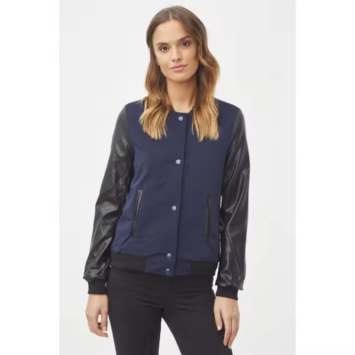 Chaqueta bomber varsity mujer, cazadora urbana azul marino, mangas efecto piel negra, elegante, cómoda, con bolsillos laterales, talla 36, versátil, ideal outfits diarios y noche, varias tallas y colores, ✅Entrega 24/48h - 1
