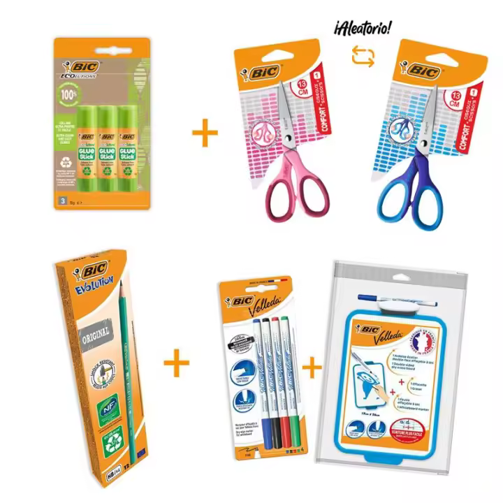 BIC Pack Creativo para Niños - Set de 4 rotuladores Velleda de colores surtidos + Pizarra Blanca doble cara, 1 tijeras, 3 barras de pegamento y 12 lápices de grafito HB - 1