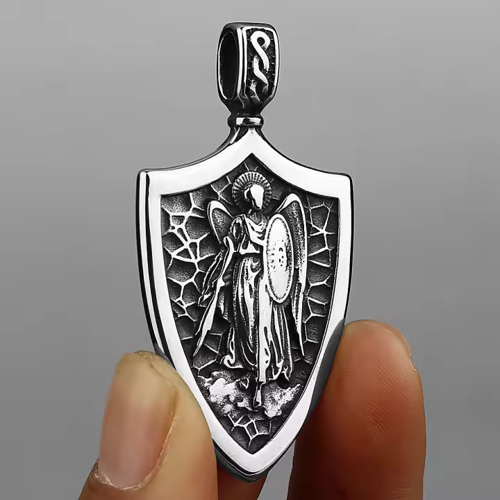 Collar De Acero Inoxidable Con Colgante De Ángel Protector Y Cruz Michael Arcoíris Para Hombres Adorno Religioso De Moda - 1