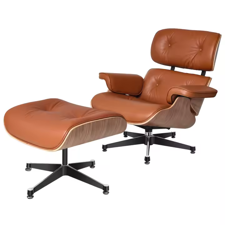 EU Stock TY305 Classic Recliner Light Walnut Armchair With Light Brown Cowhide Black Big Head Foot Swivel Lounge Chair Furniture Office Lunch Break Chair Living Room Comfort Lounge Chair Genuine Top Layer Cowhide Aluminum Alloy Big Head Feet - 1