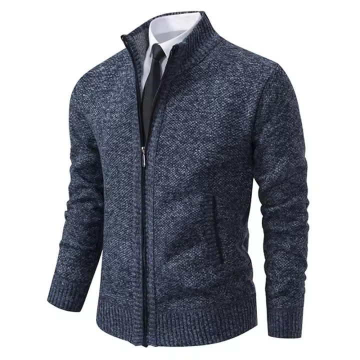 Chaqueta Deportiva Casual Para Hombre De Otoño E Invierno Color Sólido Cuello Erguido Cardigan De Fleece Cálido Con Cierre De Cremallera - 1
