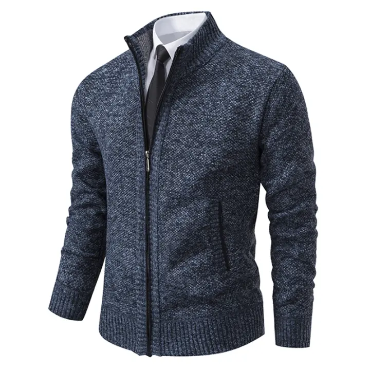 Chaqueta Deportiva Casual Para Hombre De Otoño E Invierno Color Sólido Cuello Erguido Cardigan De Fleece Cálido Con Cierre De Cremallera - 1