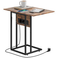 HOMCOM Mesa Auxiliar con Encimera Plegable, Estación de Carga, Mesa Auxiliar para Sofá, Forma de C, con Puerto USB y USB-C, para Salón, Dormitorio, 39x29x57 cm, Marrón Rústico - details 0