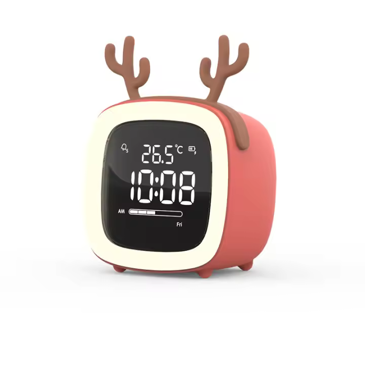 Cartoon Rabbit Deer Ear Alarm Clock Rechargeable Digital Display LED Nigh Light Table Clock Wall Clock Living Room LED Clock (Color : Orange Two Leaves) - 1