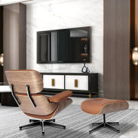 EU Stock TY305 Classic Recliner Light Walnut Armchair With Light Brown Cowhide Black Big Head Foot Swivel Lounge Chair Furniture Office Lunch Break Chair Living Room Comfort Lounge Chair Genuine Top Layer Cowhide Aluminum Alloy Big Head Feet - details 5