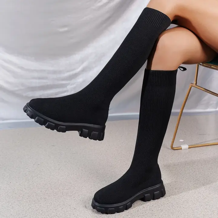 Botas De Pies Largas Para Mujer Con Tacón Sobre La Rodilla Botines Elásticos De Lana Tejida Otoño Invierno Nueva Marca - 1
