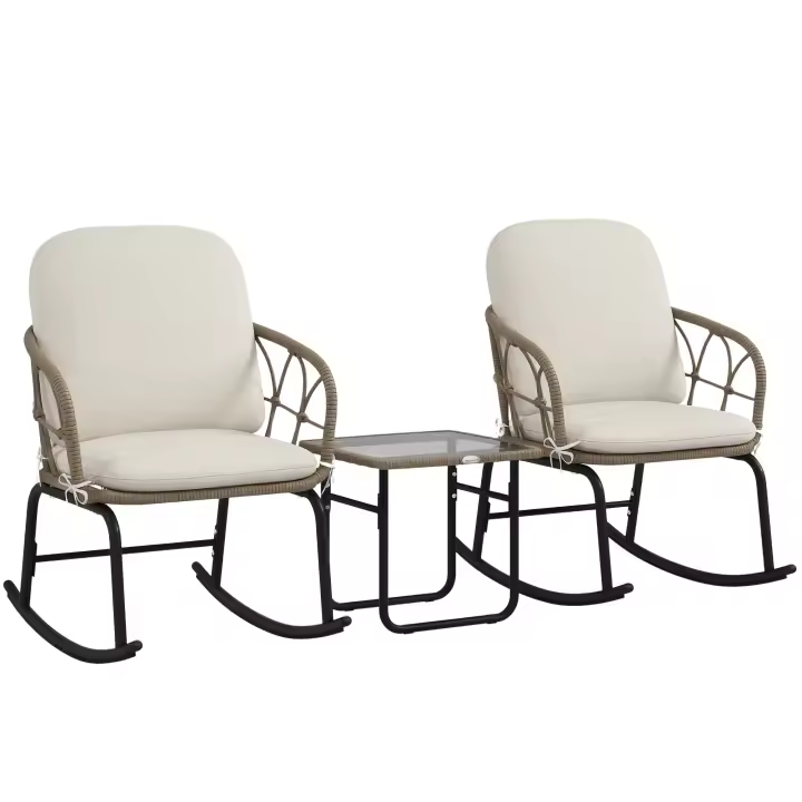 Outsunny Conjunto de Muebles de Ratán de 3 Piezas Conjunto de Mecedoras de Jardín con 1 Mesa de Centro 2 Mecedoras y Cojines para Jardín Terraza Patio Crema y Beige - 1