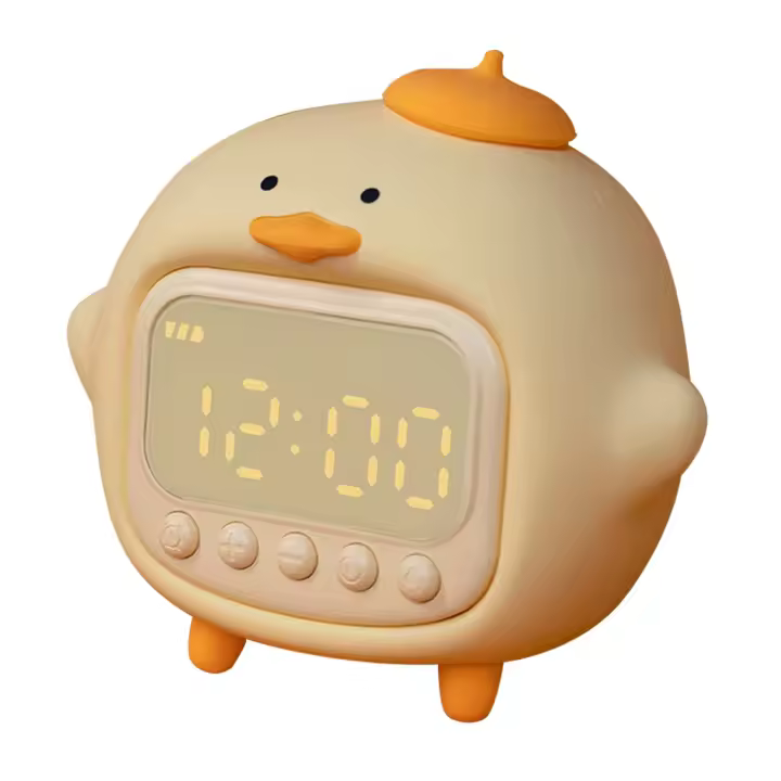 Despertador con forma de Pato para niños, Bonita Luz Nocturna, Dos despertadores, Brillo ajustable, lámpara portátil recargable para decoración de dormitorio (Amarillo) - 1