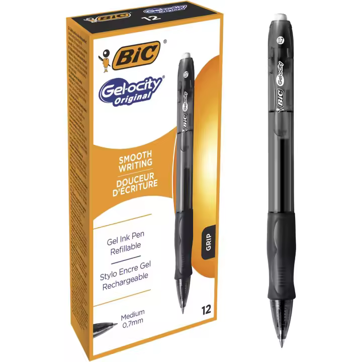 BIC Gel-ocity Original Bolígrafo de Gel Retráctil de Punta Media 0,7mm Negro (Caja de 12 Uds.) - 1