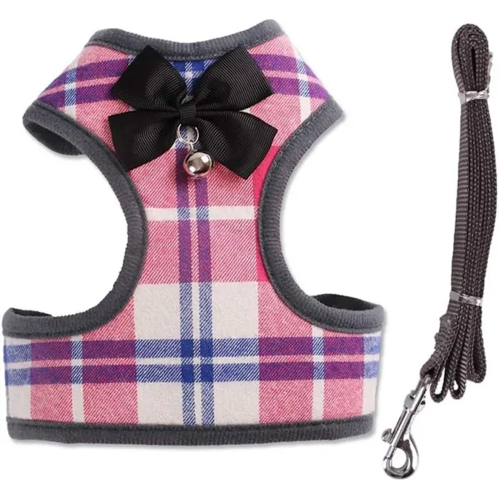 Pet Harness + Pet Leash - Classic Plaid Kitty Lead Rope Puppy Harness Set for Small Dogs Large Cats (M, Pink Plaid) - 1