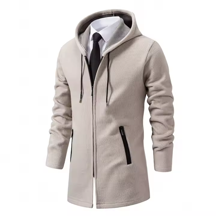 Chaqueta De Punto Para Hombre Con Capucha Y Forro De Plush Thicken Cardigan De Invierno Estilo Casual Cierre De Cremallera Manga Larga Color Sólido - 1