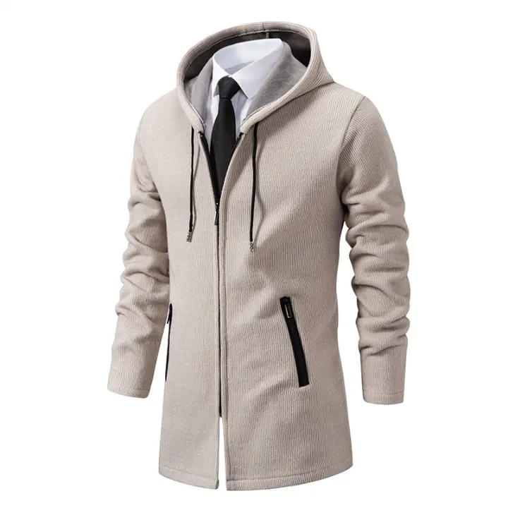 Chaqueta De Punto Para Hombre Con Capucha Y Forro De Plush Thicken Cardigan De Invierno Estilo Casual Cierre De Cremallera Manga Larga Color Sólido - 1