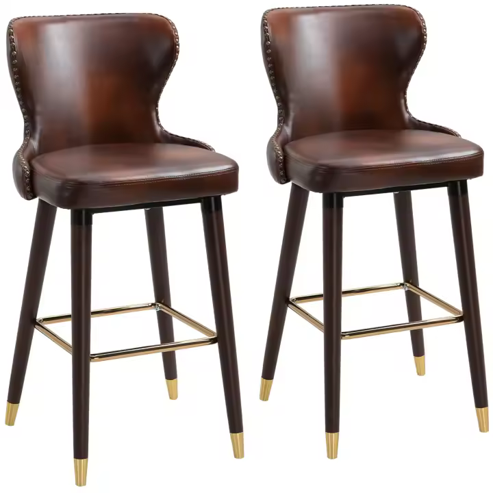 HOMCOM Juego de 2 Taburetes de Bar con Reposapiés, Taburete de Bar con Respaldo, Taburete Bistro, Silla de Comedor, Taburete Alto, Piel Sintética, Marrón, 52 x 53 x 101 cm - 1