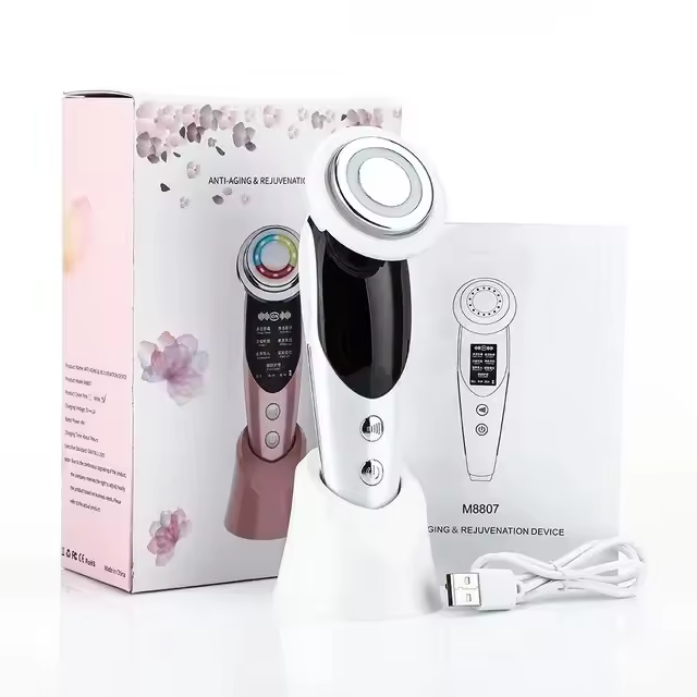 BIT Dispositivo De Belleza Multifuncional 7en1 EMS RF Microcorriente Rejuvenecimiento De La Piel Masajeador Facial + 3Colores Dispositivo De Belleza De Cuello Y Cara Eliminación De Doble Mentón - 1