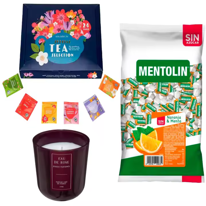 Lote respira: MENTOLIN NARANJA S/A BOLSA 1KG + Vela perfumada rosa de silicona 170 g + Set de Te con 24 bolsitas con diferentes sabores y aromas - 1