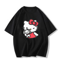 Camiseta De Algodón Para Mujer Hello Kitty Estilo Casual Veraniego Cuello Redondo Manga Corta Top De Moda Para La Calle - details 2