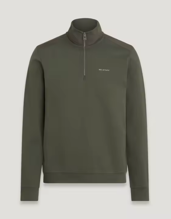BELSTAFF Sudadera cuello media cremallera color verde kaki con logo en pecho pequeño y refuerzo nylon cuello y hombros al tono - 1