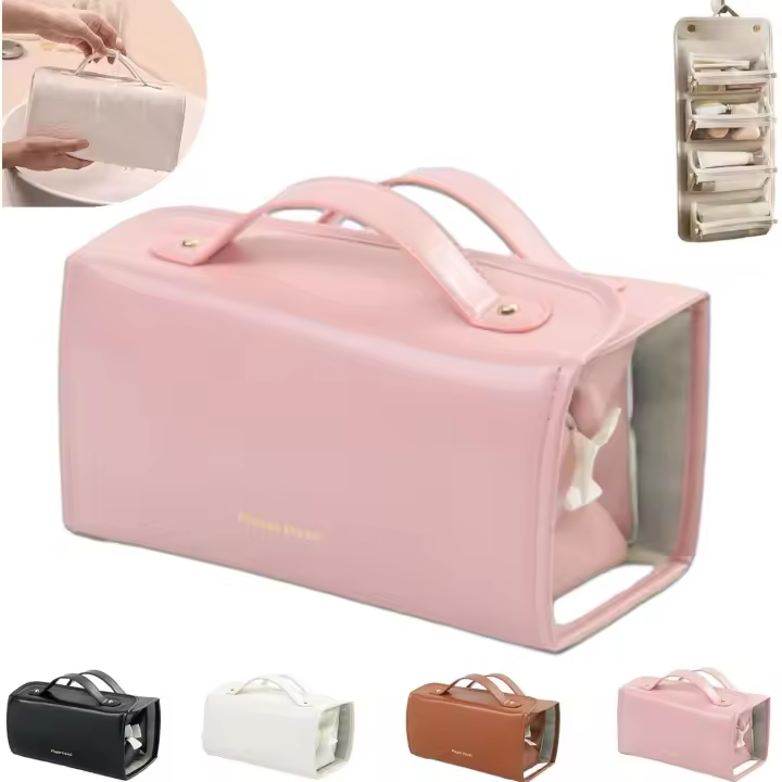 Neceser Binozinco de piel impermeable, 4 en 1, enrollable y desmontable, ideal para viajes y cosméticos (rosa) - 1