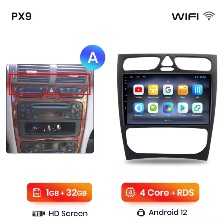 AWESAFE inalámbrico CarPlay Android Auto Radio para Mercedes Benz CLK-Class W209 A209 C-Class W203 S203 coche reproductor multimedia GPS 2 din autoradio volante controles RDS Bluetooth - 1