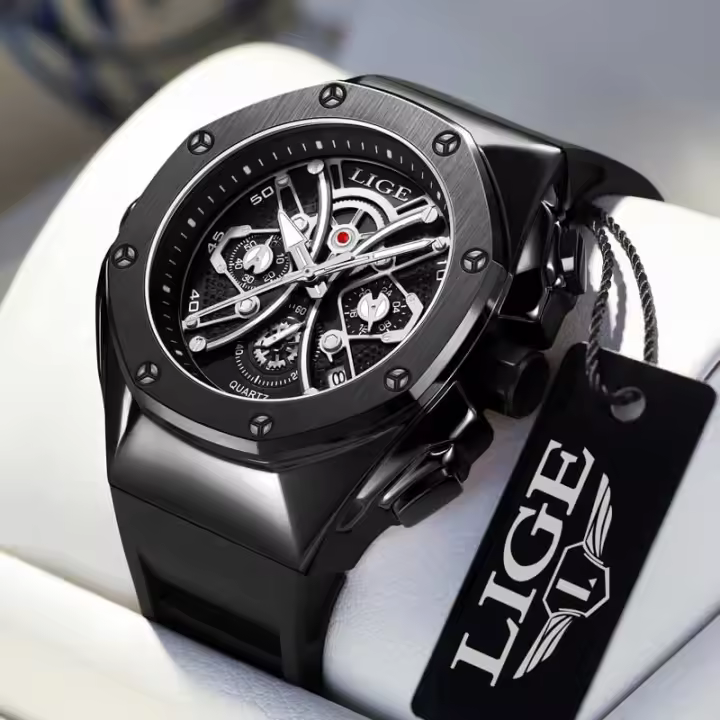 Reloj LIGE De Lujo Para Hombre Cronógrafo Resistente Al Agua Con Manos Luminosas Reloj Deportivo De Cuarzo Con Fecha Y Display Sin Números Material De Correa De Silicona - 1