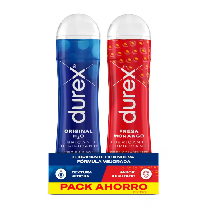 Durex - Pack Ahorro Lubricante Sabor Fresa 50 ml + Lubricante Original H2O 50 ml, Textura Sedosa, Sabor Afrutado Fresa, Formula Mejorada, Alivia Sequedad Vaginal - 1