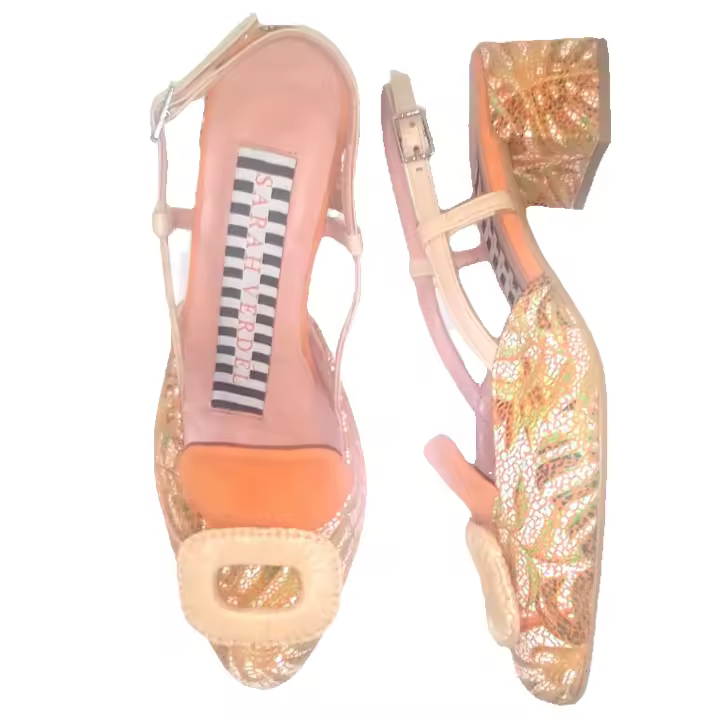 SARAH VERDEL_ ZAPATO DE TACON MEDIO Y ANCHO EN PIEL NAPA ESTAMPADA MULTICOLOR, NARANJA Y NAPA BEIG.DETALLES EN RAFIA - 1
