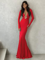 Vestido Largo Elegante Para Mujer Kliou Metálico Con Cuello Bajo Y Manga Larga Estilo Clásico Ajustado Alta Calle Moda Festival - details 18