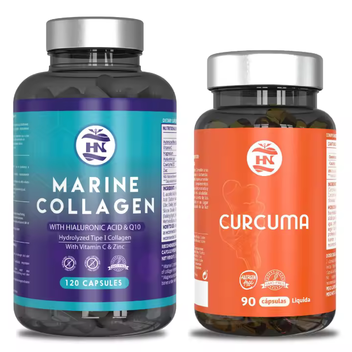 HN - Healthy Nutrition - Pack Colágeno Marino & Curcuma - Colageno Marino Hidrolizado Puro con Acido Hialuronico con Magnesio y Coéncima Q10 - Curcuma liquida en capsulas 40 mg - 1