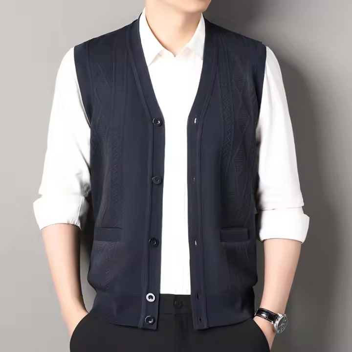 Chaqueta De Punto Para Hombre Otoño Invierno Chaqueta De Cuello V Sin Mangas Botones Estilo Casual Moda Knitted Cardigan - 1