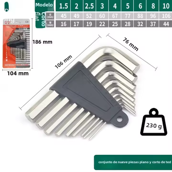 Juego De Destornilladores Hexagonales 9 Piezas L-Type Doble Cabeza Destornillador Plano Y Sférico Herramienta Portátil Para El Hogar Material De Aleación De Hierro-Níquel - 1