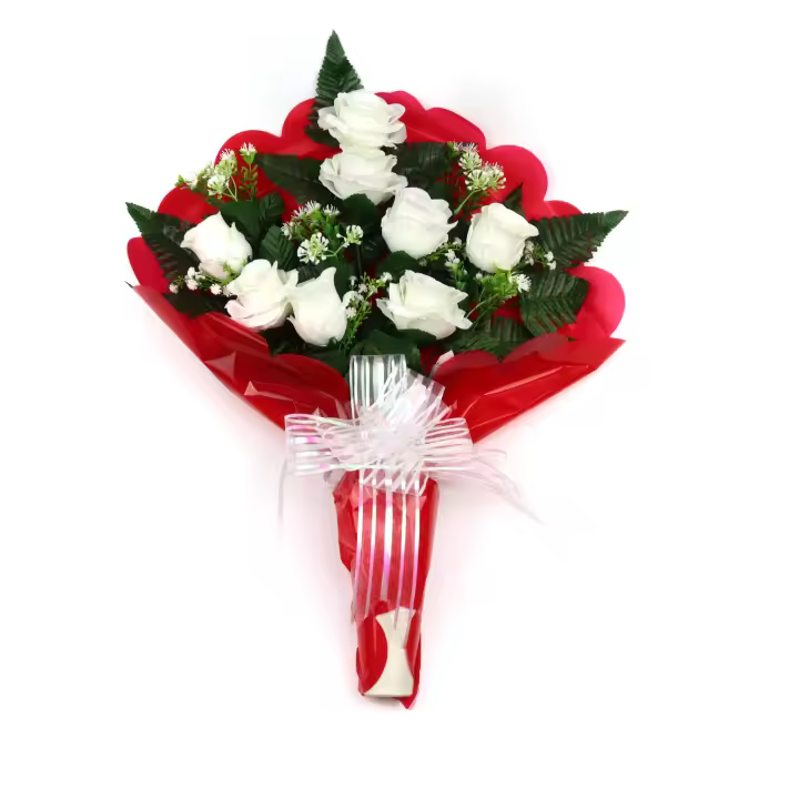 Ramo de Flores Artificiales de Tela para Cementerio arcoirsl - Composición de rosas blancas - Medidas 55×40 cm - Ideal para Todos los Santos - Resistente a Intemperie y Duradero - Disponible con Envoltorio en Varios Colores - 1