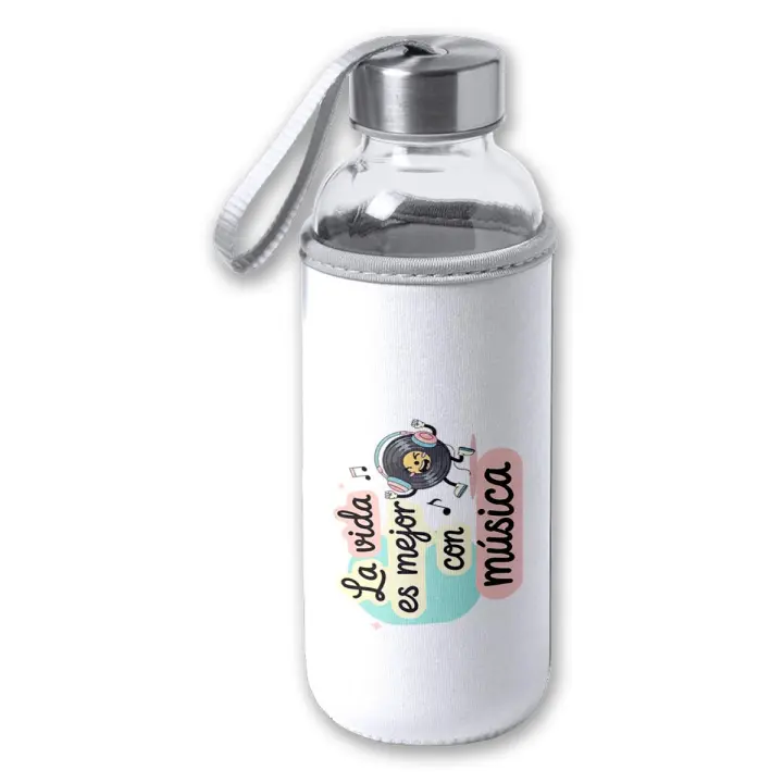 MERCHANDMANIA Bidón de 420 ml con Funda de neopreno frase graciosa musica vida motivacion kpop tapon seguridad - 1