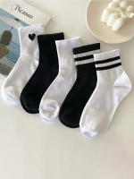 5 Pares De Calcetines Deportivos Casuales Para Mujer En Colores Negro Y Blanco Con Estampado Rayado Calcetines Tubo Medio Transpirables - details 0