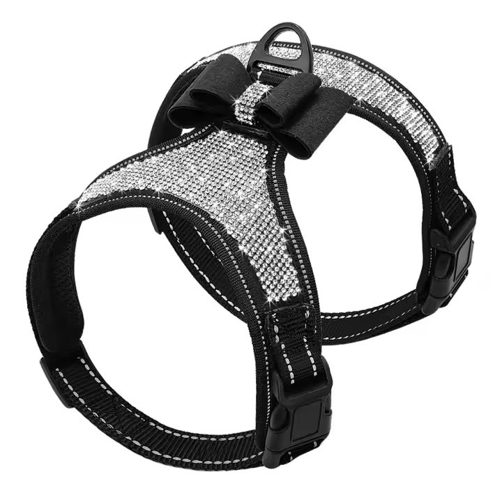 Harnés De Malla Para Perro Con Diamantes Y Lazo Reflectante Ajustable Para Pequeños Perros Y Gatos Chihuahua Pug Bulldog Francés - 1