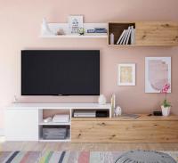 Meimon Conjunto modular JÚLIA Salón TV reversible en Roble Nodi y Blanco Artik, incluye mueble TV con 2 puertas y huecos pasacables (221×40×44 cm), módulo superior de 1 puerta (90×28,5×31 cm) y estante colgar (90×21×22 cm), tablero melaminizado E1 - details 1