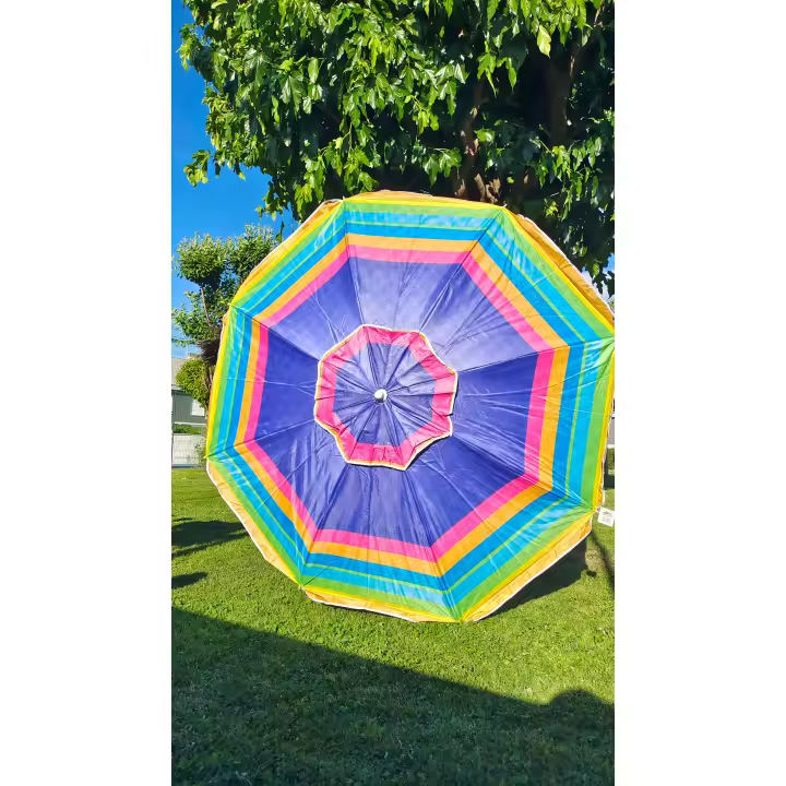 Sombrilla playa antiviento 160 o 220 cm, protección UV50 y revestimiento plateado, 8 varillas fibra de vidrio, mástil inclinable Ø28/32 mm incluye funda con asa, - 1