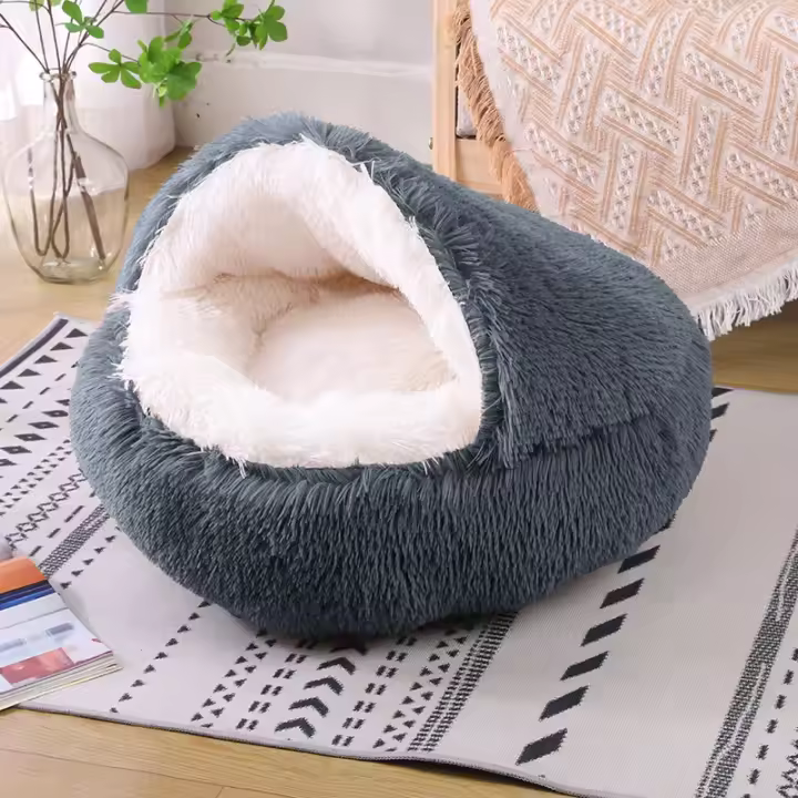 Cama De Gato Redonda De Peluche Suave Con Capucha Cueva Cómoda Para Mascotas Pequeñas Y Perros Pequeños Auto Caliente Anti Ansiedad - 1