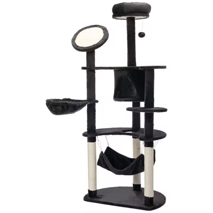 PawHut Árbol Rascador para Gatos Grande Altura 153 cm Torre Escalador de Gato con Cueva Hamacas Plataformas Tablero Postes Rascadores de Sisal y Bola Colgante Gris Oscuro - 1