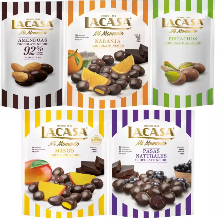 Lacasa Mi Momento pack de 5:Pistacho Chocolate Leche ,Almendra 92% ,Pasas Chocolate Negro ,Naranja Chocolate Negro ,Mango Chocolate Negro - 1