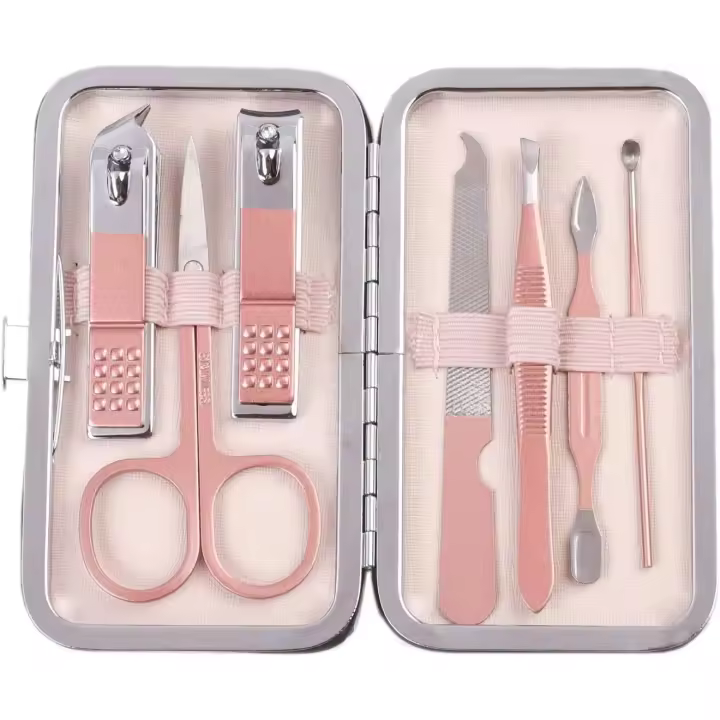 Juego de manicura y pedicura, cortauñas, kit de 7 Kit de higiene de acero inoxidable de 7 piezas, juego portátil para cortar uñas y herramientas de cuidado personal con estuche de cuero fino - 1