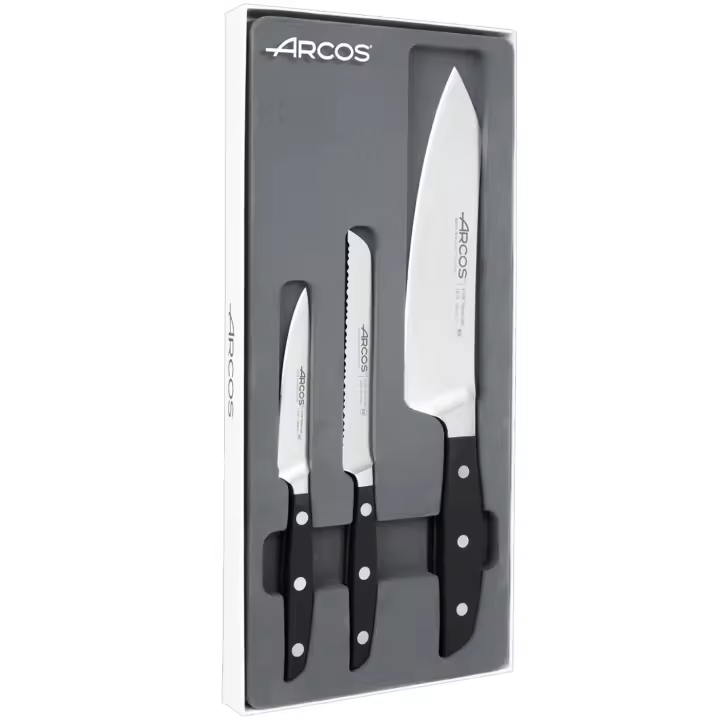 ARCOS Manhattan - Set de 3 Cuchillos (100 / 130 / 190 mm) - Acero Inoxidable Forjado Nitrum® - Mango POM - Estuche Regalo - 1
