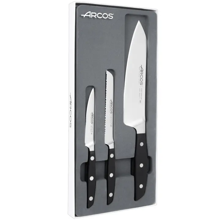 ARCOS Manhattan - Set de 3 Cuchillos (100 / 130 / 190 mm) - Acero Inoxidable Forjado Nitrum® - Mango POM - Estuche Regalo - 1
